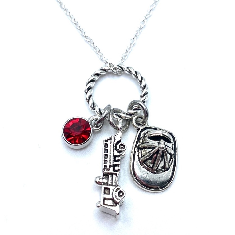 Fireman Charm Necklace Fire Truck Helmet Red Stone